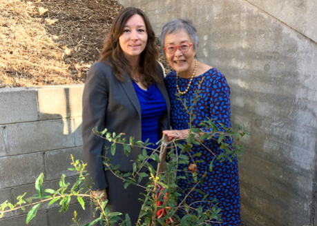 LAUSD Board Member Radliff with Senator Liu and a Pomegranate tree commemorating the Armenian genocide.